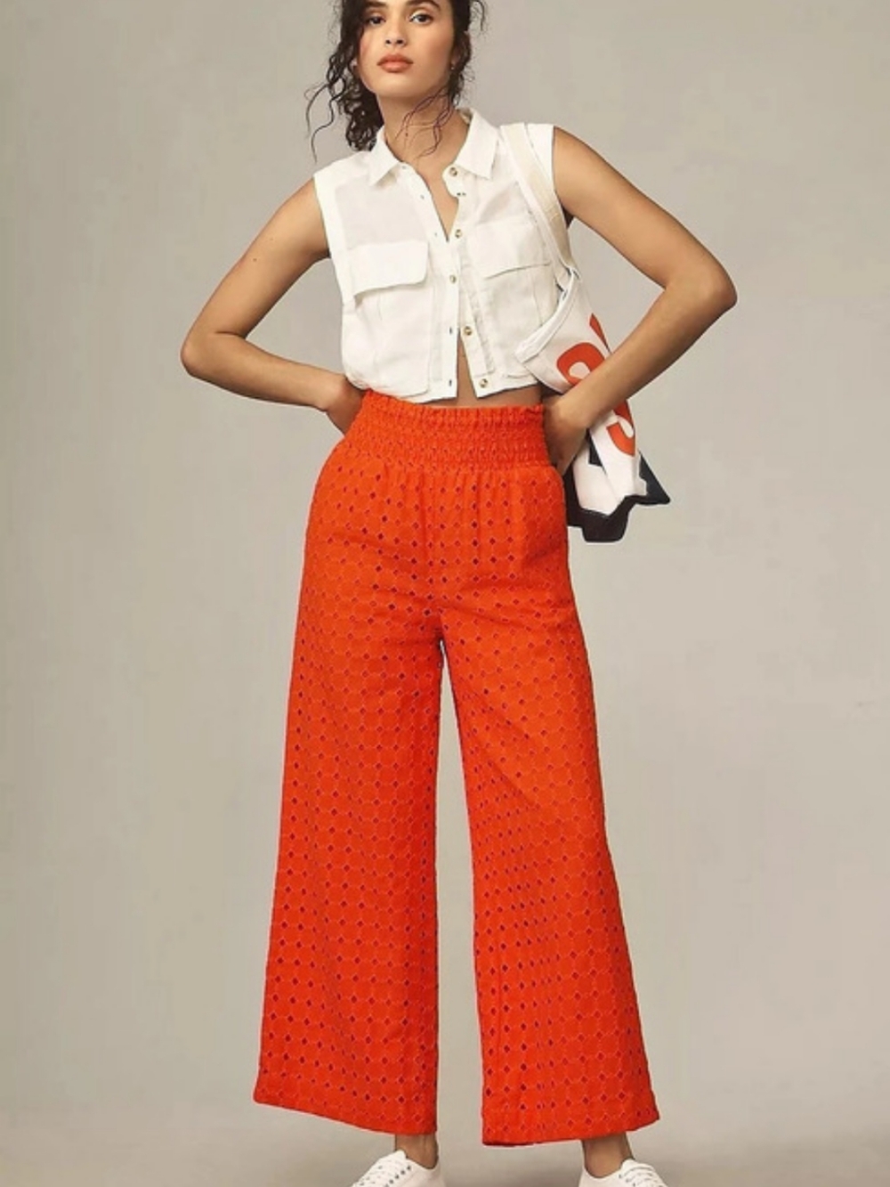 Anthropologie Maeve Eyelet Wide Leg Pants Vibrant Orange Women X-Small